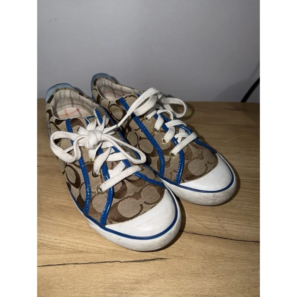 COACH Barrett Signature Canvas Sneakers Women's Size 7.5 Brown Khaki Blue L